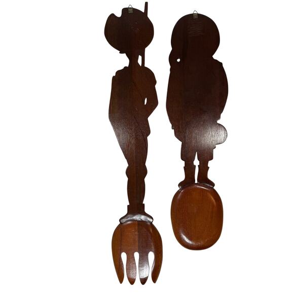 Vintage Hand Carved Wood Wall Art Spoon & Fork Set 26" & 30" Folk Decor - Picture 3 of 9